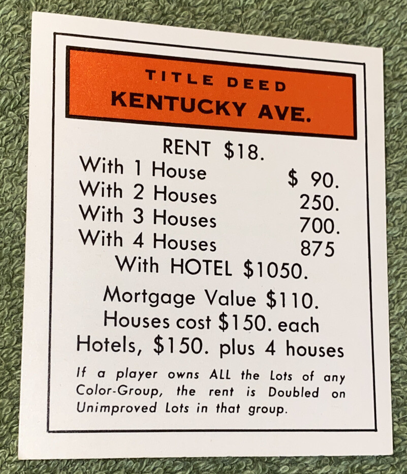 Vtg 1960's Monopoly Game Replacement Piece -Property Card Red