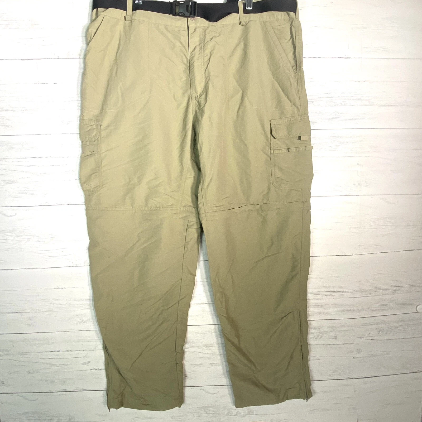 Cabelas Belted Cargo Hiking Pants Men’s 40/32 Khaki Convertible Zip Off Legs