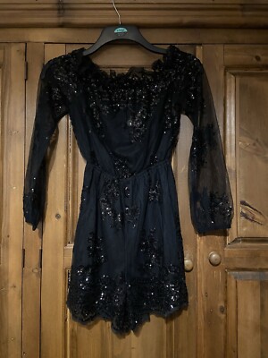 Quiz Black Lace Sequin Bardot Off Shoulder Playsuit Size NEW