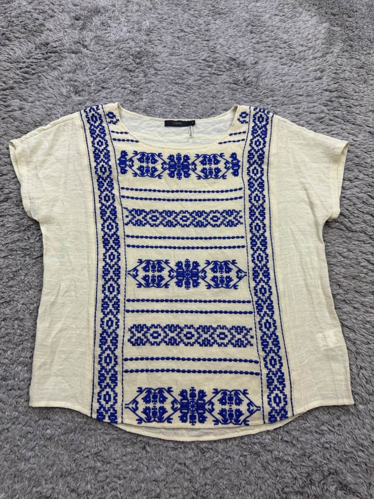 THML Top Women Small Ivory Aztec Southwestern Embroidered Blouse Anthropologie