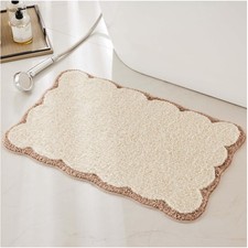 Soft Scalloped Beige Bath Mat - Non-Slip  Easy-Clean Microfiber Luxury 32"x20"
