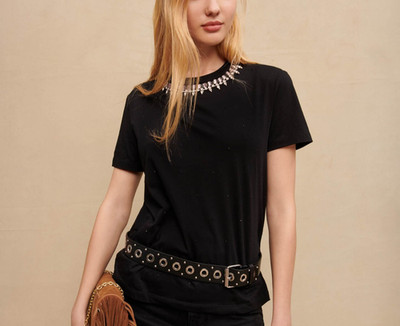 Maje Noir Jersey T-shirt with Diamanté, Size US S