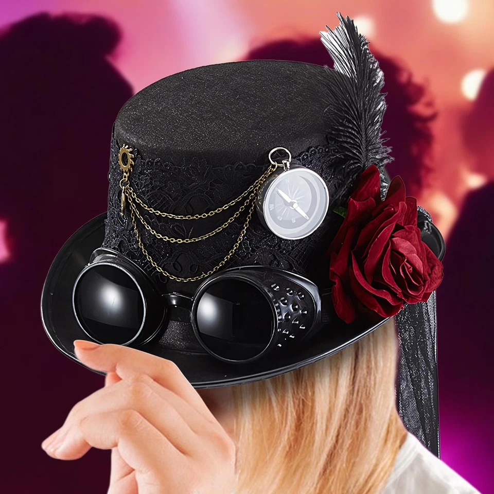 Gothic Flower Lace Veil Girl Cosplay Hat Retro Women Steampunk Top Hat - Image 3 of 4