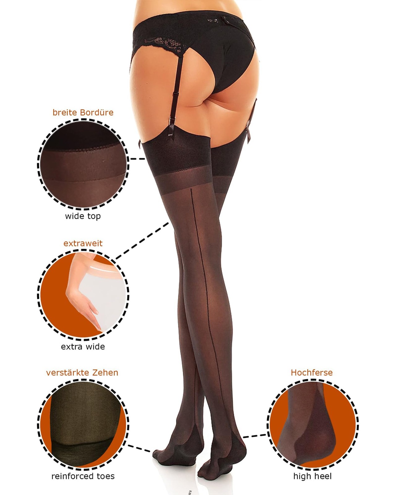 Bas couture noir XL Delight 20 avec jarretière silicone anti-glisse - 2