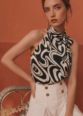 INC International Concepts Silk Sleeveless Bow Neck Blouse Black White Size 14