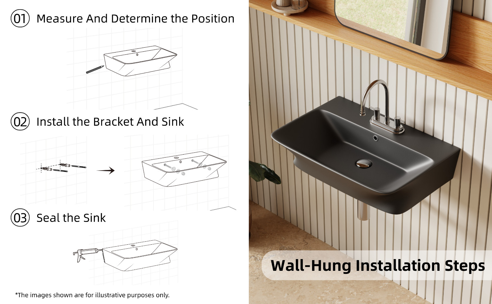 24" Matte Black Wall Mount Bathroom Sink 4" Centerset with Overflow & 3 Holes