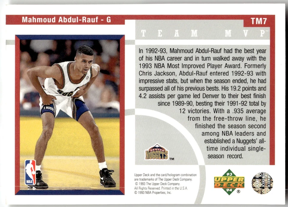 1993-94 Upper Deck #TM7 Mahmoud Abdul-Rauf Team MVP - Image 2 of 2