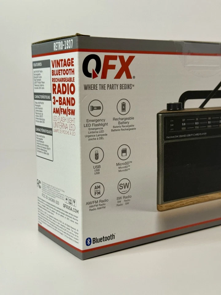 QFX Vintage Bluetooth Recharge Radio AM/FM/SW 3-Band LED Flashlight USB Aux Gift - Image 2 of 3