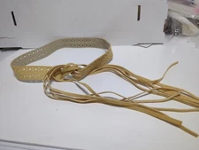 Vintage 90s Y2K Woven Faux Leather Wide Tassel Tie Belt Small 27" Tan