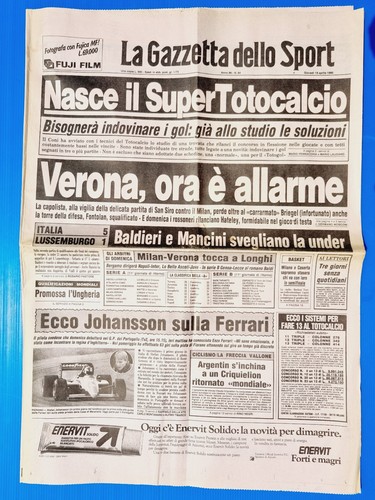 Gazzetta Dello Sport Originale Du 22 Avril 1985 – Alboreto Ferrari, Senna, Verona