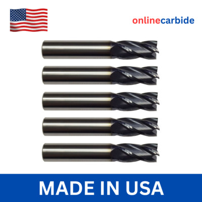 5 Pack 1/4'' Solid Carbide End Mills   TiALN Coated   4 Flute Center Cutting USA