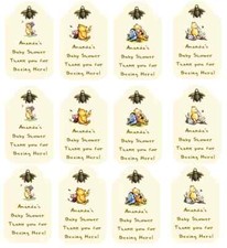 12 ETIQUETAS DE CUMPLEAÑOS WINNIE THE POOH BABY SHOWER CINTA DE SEDA PERSONALIZADA BRILLANTE