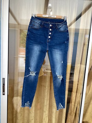 SHEIN LUNE Button Fly Ripped Raw Hem Skinny Jeans UK 10 BOX P4