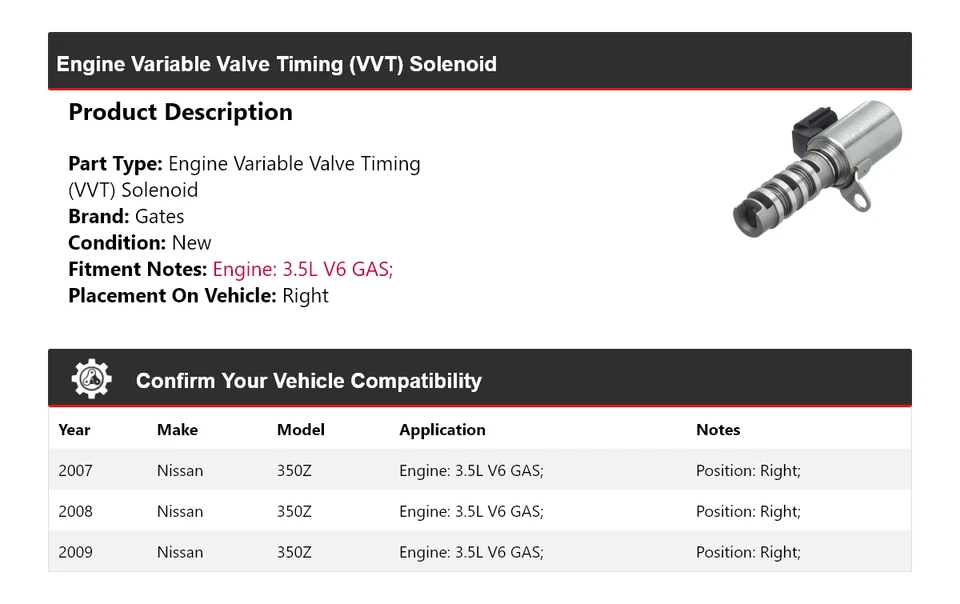 Para 2007-2009 Nissan 350Z 3.5L V6 motor a gás VVT solenóide portas direitas 2008 - Imagem 2 de 4