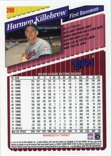2019 Topps Archives 1993 Border Harmon Killebrew Minnesota Twins #266 MLB HOF - Picture 2 of 2
