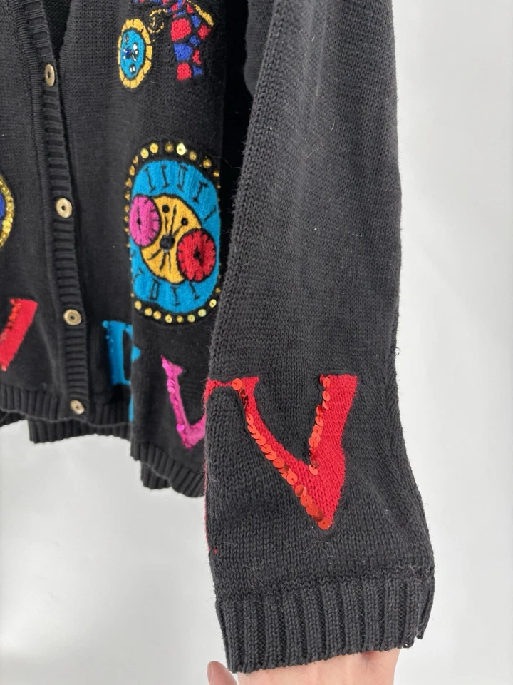 Chaus винтажный кардиган свитер женщин 2 X черный трикотажа часы римские цифры блестки - Изображение 3 из 4