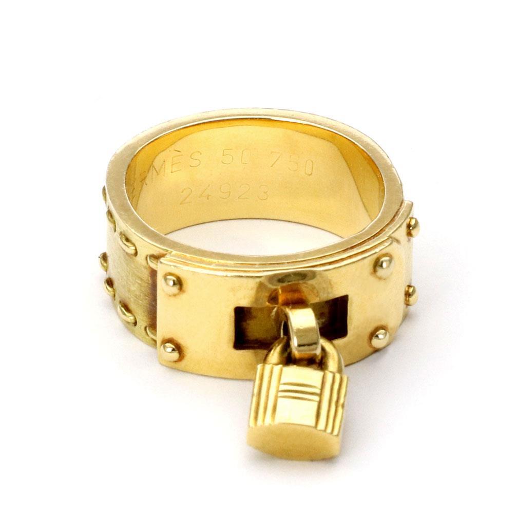 HERMES ゴールドロック付きバングル Hermes H Padlock Drop Charm Band Ring in 18k Yellow Gold