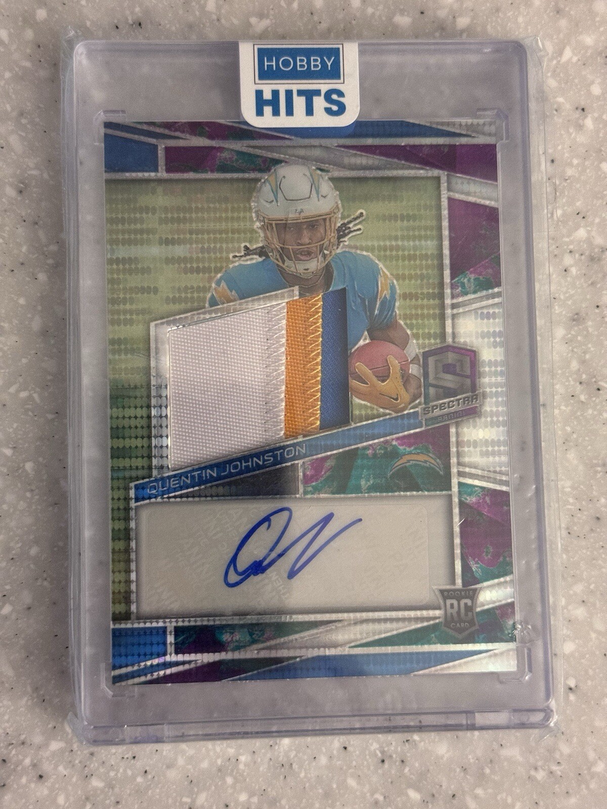 QUENTIN JOHNSTON 2023 PANINI SPECTRA #229 ROOKIE CELESTIAL PRIZM PATCH AUTO /75