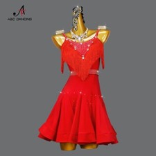 Red Latin Dance Fringe Dress Women Party Suit Sport Competition Short Skirt