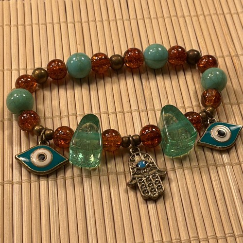 Fashion Bracelet Aqua Topaz Turquoise Crackle Glass Enamel Hamsa Stretch LOT 45A - Picture 3 of 3