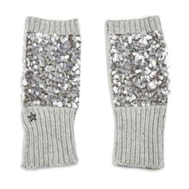 Jocelyn Womens Sequined Knit Fingerless Mittens (O/S, Light Grey)