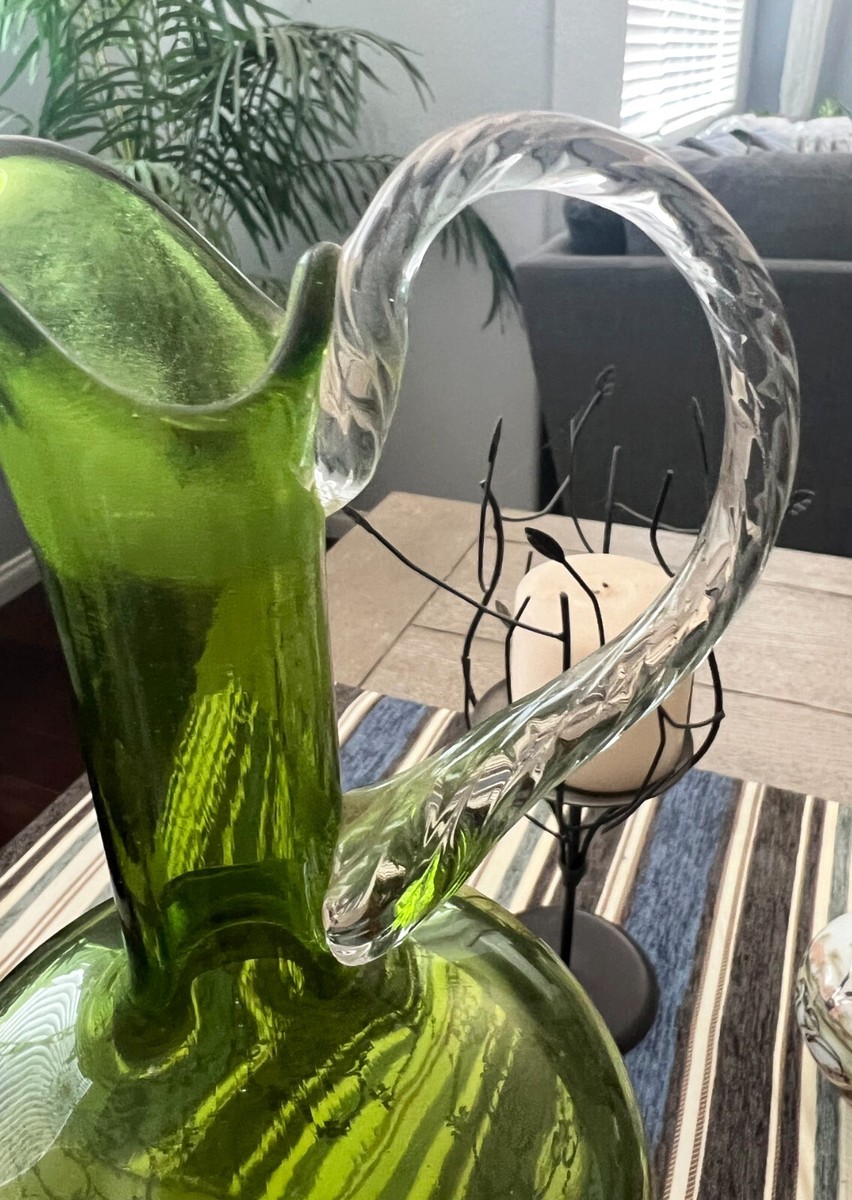 Vtg 60s Venetian Green Glass w/Gilt Gold Decanter Wine Pitcher w/2