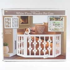 White Floral Wooden Pet Gate Freestanding Foldable Adjustable 3-Section Dog Gate