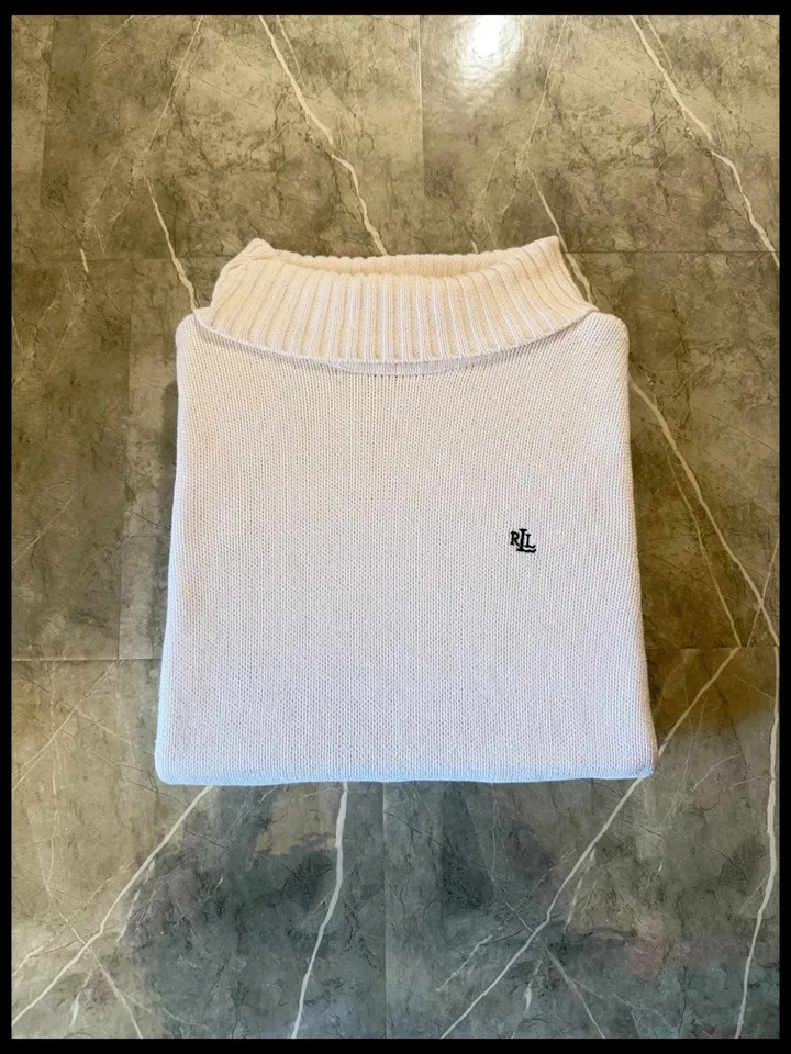 Pull Lauren Ralph Lauren Col Roulé, Blanc Crème, Maille de Coton, Logo #MLRLT1 - Photo 1/4