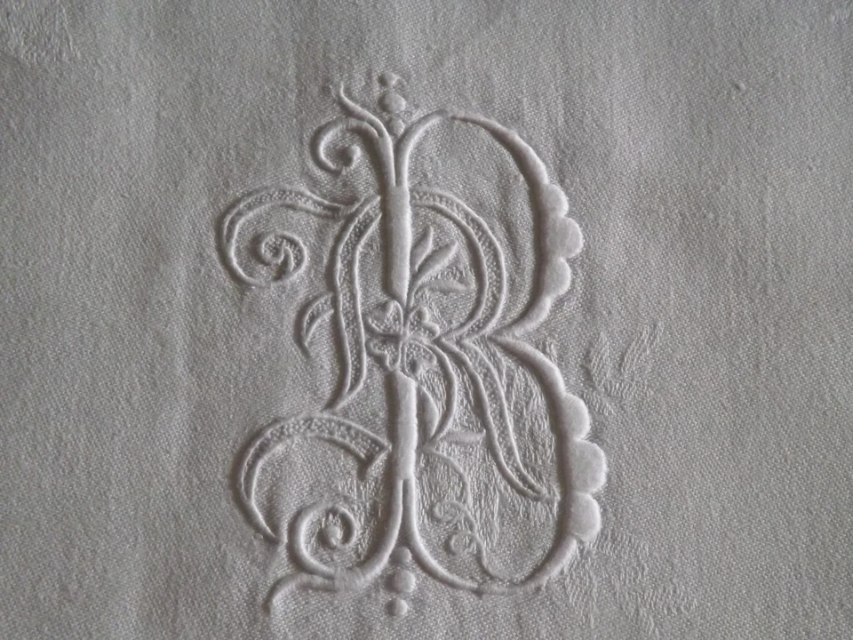 grande nappe, 4.30 m X 1.69 m, damas de fil de lin, mono BR, ancienne - Photo 2/4