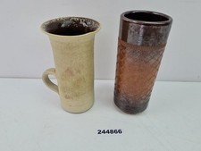 2x Stoneware Brown Beige Vases One With Handle H:14cm & 15cm #244866