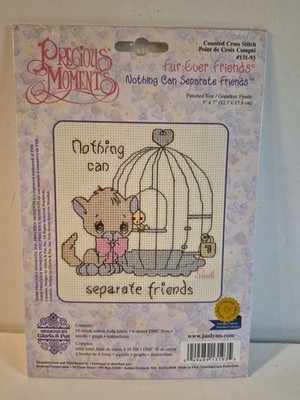 NEW PRECIOUS MOMENTS Fur-Ever Friends Cross Stitch #131-93 Janlynn-Cat/Bird