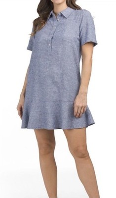 Cynthia Rowley Shirt Dress Linen Blue Chambray Preppy Peplum Ruffle Coastal Sz M