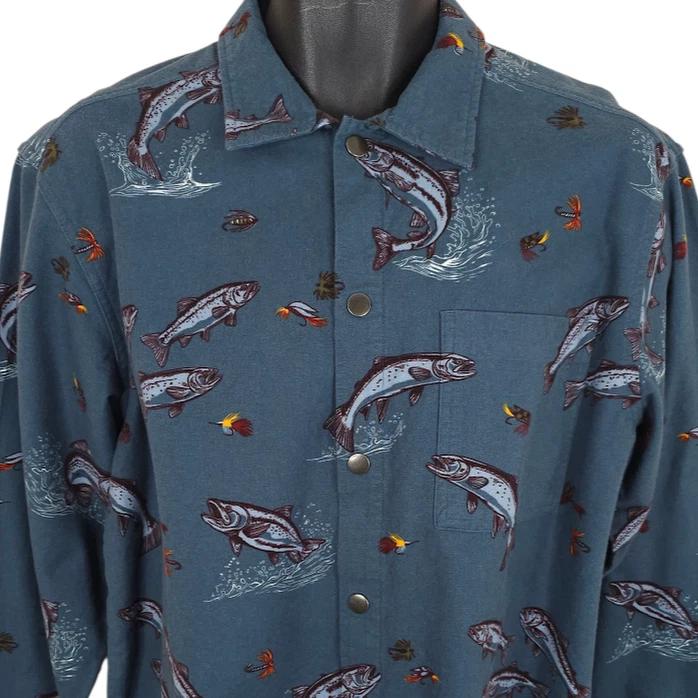 Roundtree & York Fly Fishing Shirt Mens Size Small Blue All Over Print Snap NEW