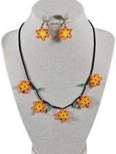 Handmade Seed Bead Sunflower Necklace  Earrings Set  Orange Yellow Floral