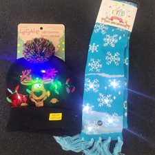 Light Up Ugly Christmas Hat Scarf Set LED Reindeer Snowflake NOS
