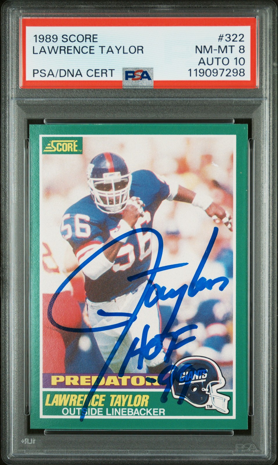 LAWRENCE TAYLOR 1989 SCORE #322 PSA 8 AUTO 10 