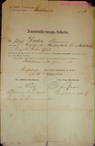 DOC302 - CERTIFICAT DE REFORME MILITAIRE 1881 MOLSHEIM ALSACE - Photo 1 sur 3