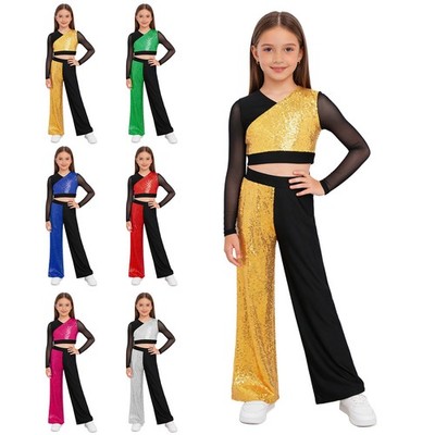 Mädchen Tanzbekleidung Jazz Outfit Netz Sets Hose Farbblock Crop-Top Pailletten