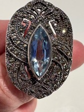 GORGEOUS Vintage LARGE STERLING SILVER, BLUE TOPAZ  MARCASITE RING Size 7