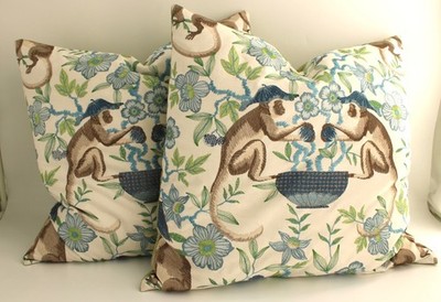 Pair of P. Kauffman Cheeky Monkey Island Embroidered Pillows, Down Filled, 20x20
