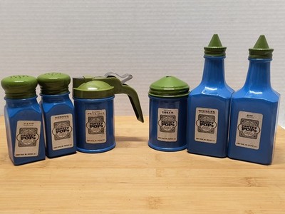 Gemco Glass Pantry Set Six Piece Condiment Set Blue/Green TMCM Vintage
