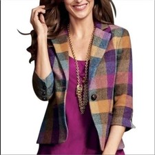 Cabi Blazer Womens 8 Multicolor Plaid Herringbone Wool Blend 3/4 Sleeve Jacket