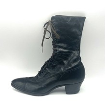 Antique Black Leather Lace Single Boot Pointed Toe Stacked Heel Women Left Shoe