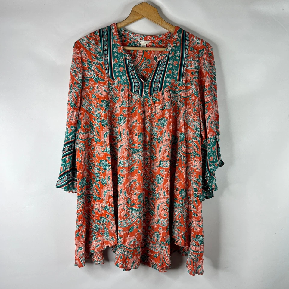 Top túnica CATO para mujer talla 2X naranja cachemira cuello en V dobladillo alto fluido manga 3/4 Foto 2 de 4