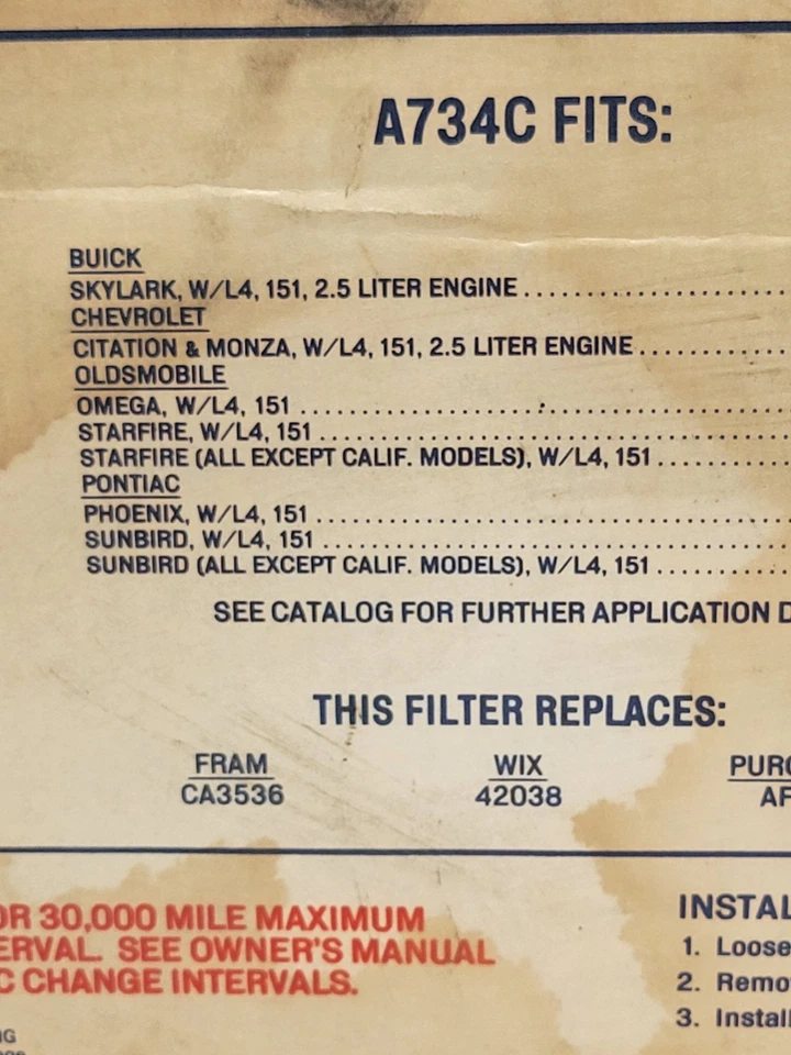 Nuevo de Lote Antiguo 1979 1981 Buick Skylark Chevrolet Monza AC Delco Filtro de Aire A734C L4 2.5 Foto 4 de 4