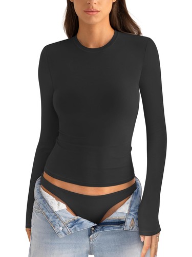 EasyGala Cotton Long Sleeve Shirts Women Crew Neck Slim Fit Basic Going Out C...
