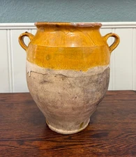 Antique French Country  Confit Pot Pottery Jug Glazed Ochre Yellow Large