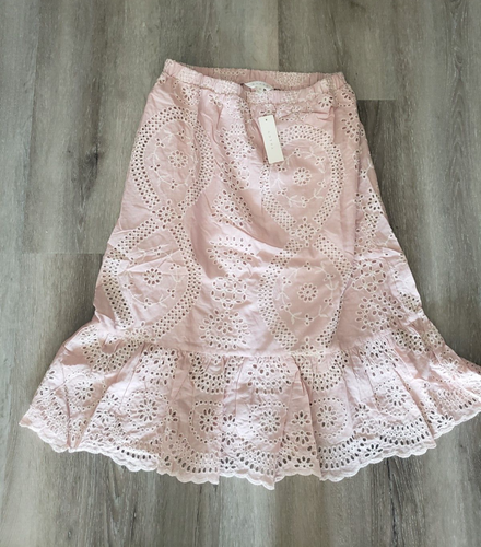 Women size M pink eyelet elastic waist 100% cotton midi pull on lined skirt CUTE