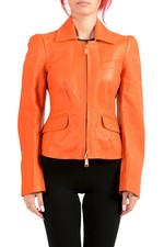 Dsquared2 Women's Orange 100% Leather Full Zip Bomber Jacket Us S It 40