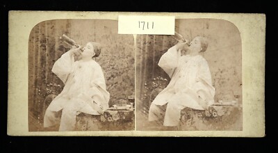 Early Unknown Stereoview -Woman in nightgown drinking from the bottle